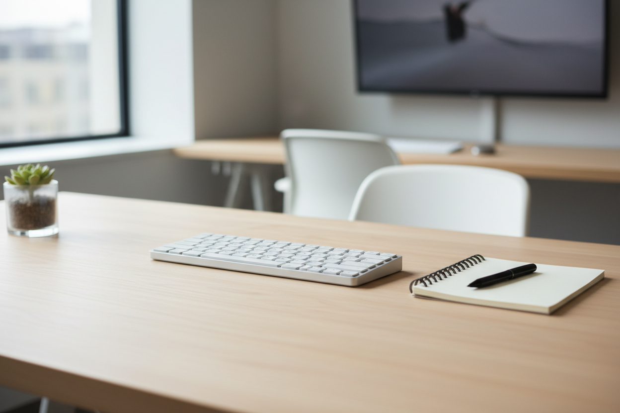 Clean desk with a keyboard and writing pad.